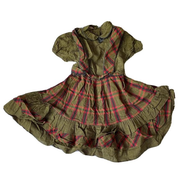 VTG 70s 80s Chic Tots Girls 5/6? Dress Pinafore Plaid Stripe Circle - Picture 2 of 10